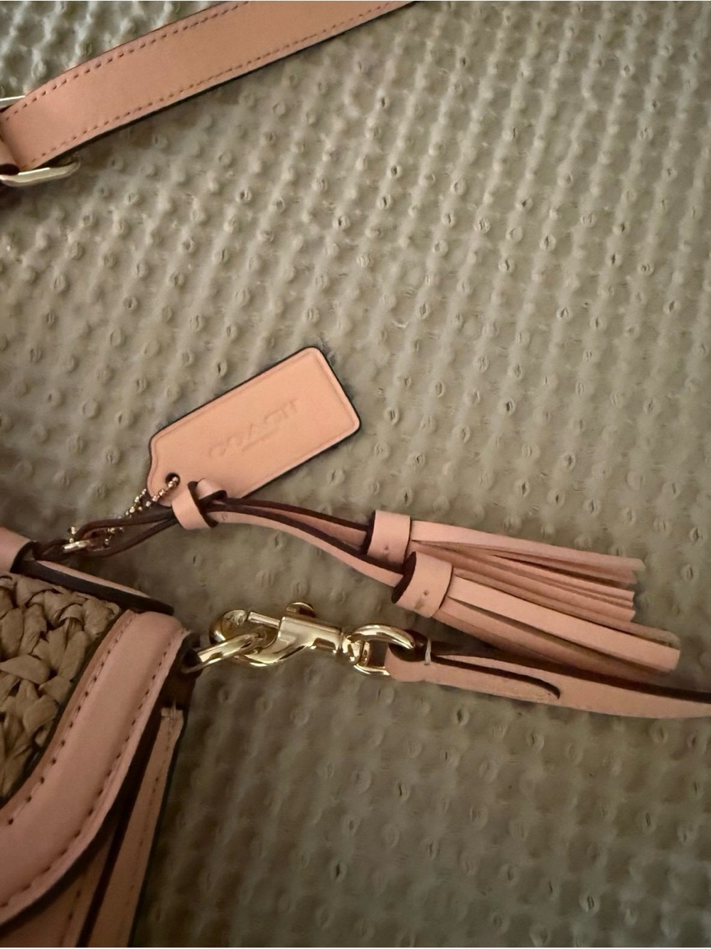 Coach Woven Straw Crossbody with Pink Leather Trim and Gold Buckle - Picture 2 of 7